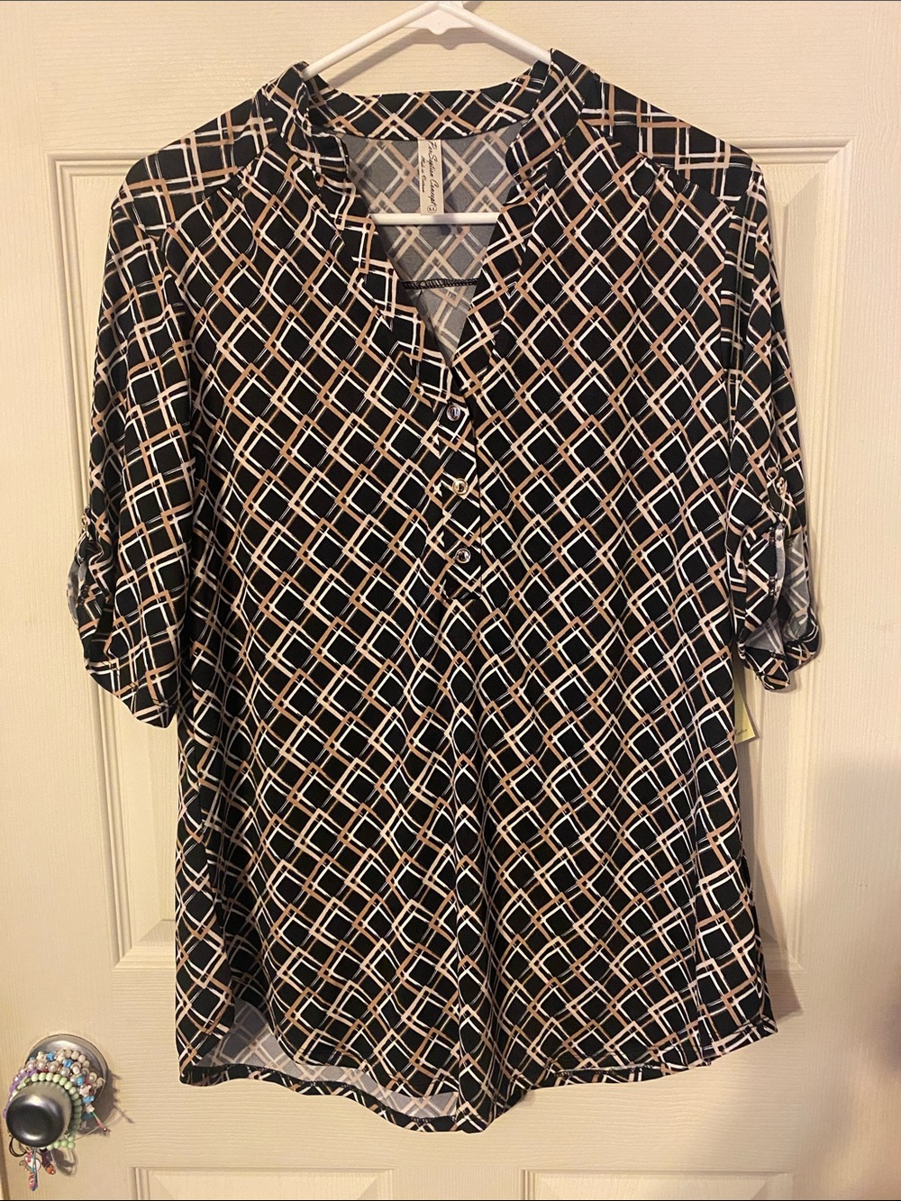 PerSeption Concept Black Blouse with Cream & Tan Lattice Print